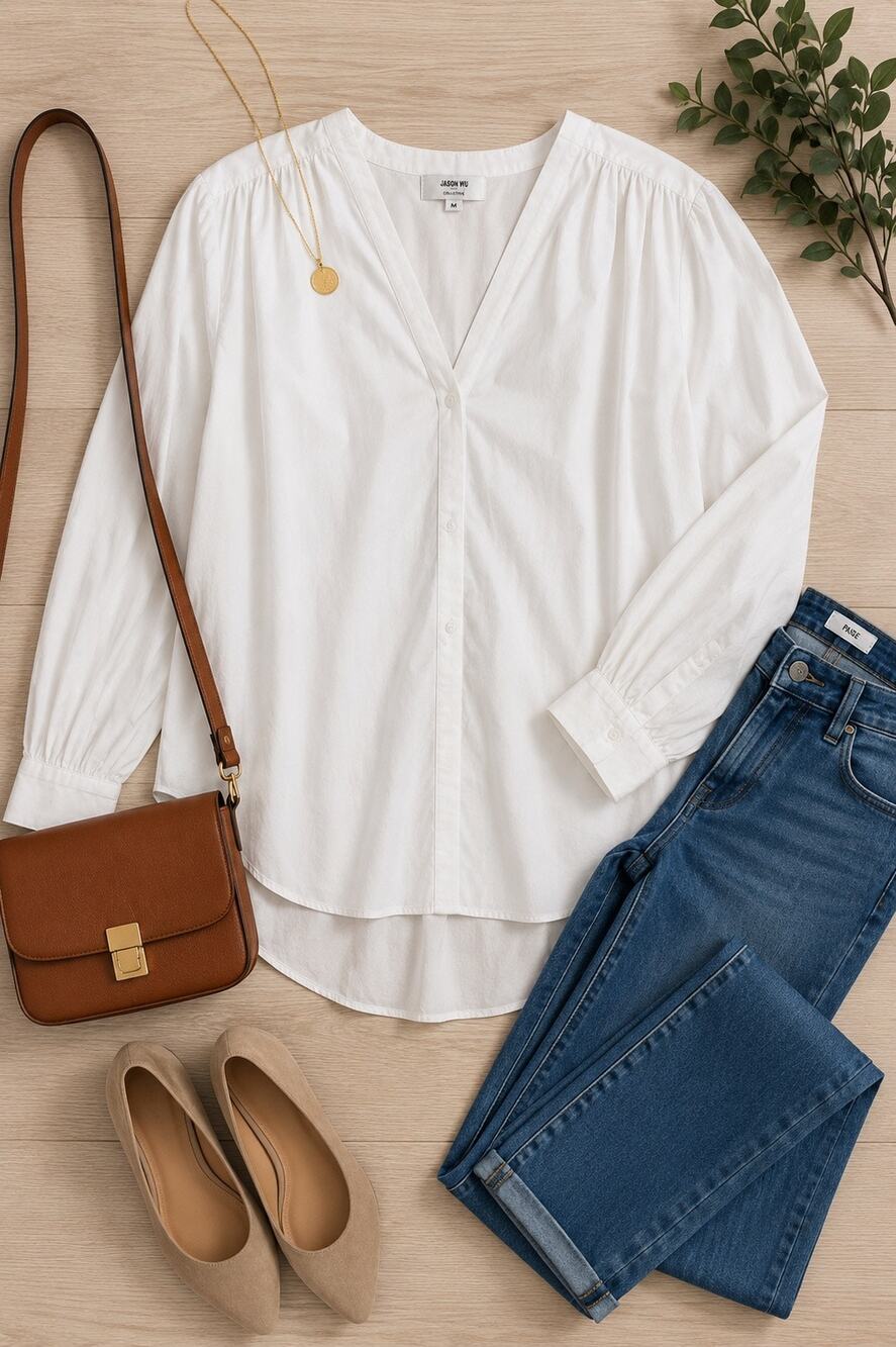 Jason Wu Collective White Cotton Popover V-Neck Long Sleeve Blouse Medium